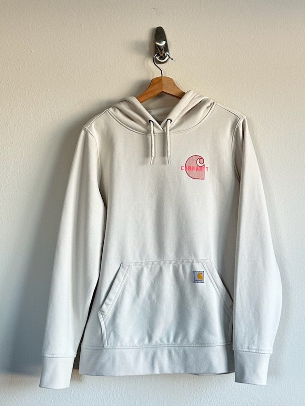 Carhartt Beige Pullover Hoodie w/ Pink Logo  Women’s Sz Large